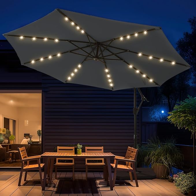 wikiwiki 10ft Solar LED Offset Hanging Market Cantilever Patio Umbrella for Backyard, Poolside, Lawn and Garden, Easy Tilt Adjustment, Polyester Shade & Cross Base, Carbon