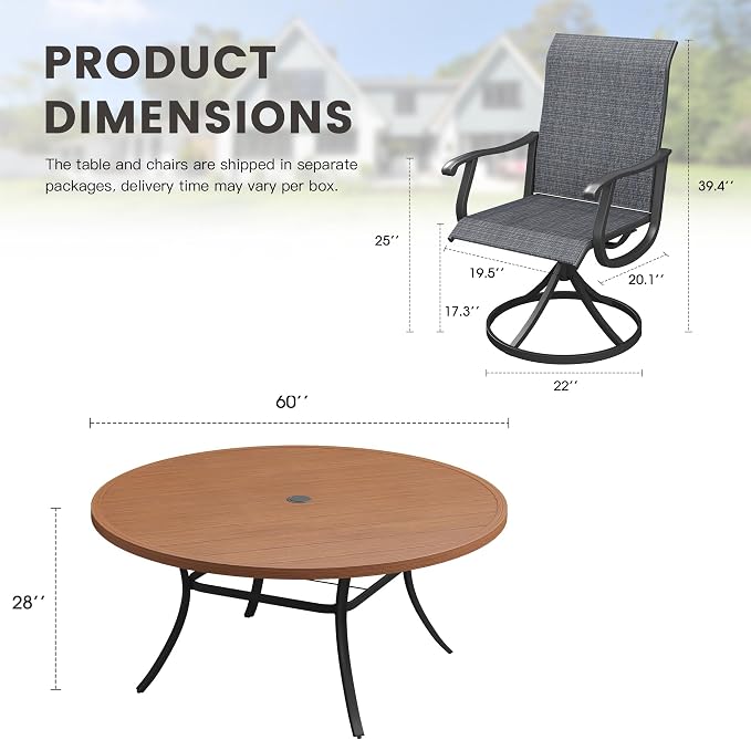 Outdoor Dining Set for 8, 60" Metal Round Outdoor Dining Table with Umbrella Hole and Sling Patio Swivel Chairs, 9 Pieces Patio Table and Chairs Set for Garden Backyard, Charcoal and Walnut