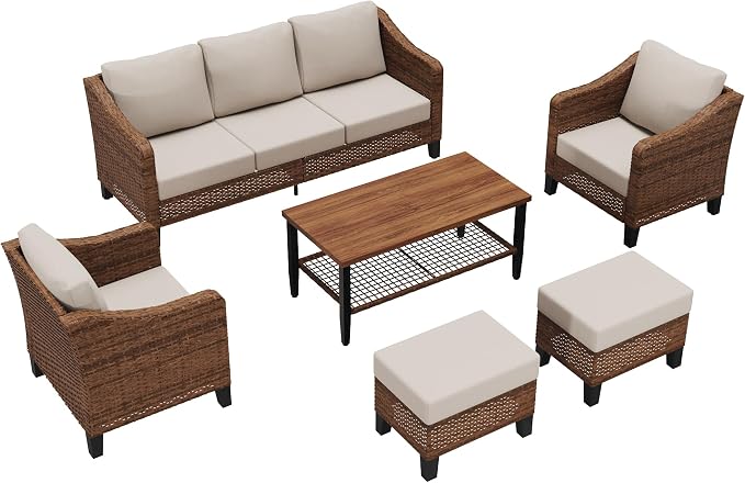 6-Piece Patio Conversation Sets, Outdoor Sectional Sofa with Ottoman & 2-Tier Coffee Table, Modular Wicker Furniture for Backyard, Garden