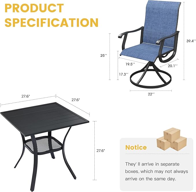 VICLLAX 3 Pieces Patio Dining Set for 2-28" Square Small Outdoor Table and 2 Patio Swivel Chairs for Lawn Garden, Black Tabletop and Blue Fabric