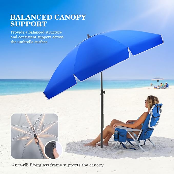UIRWAY Beach Umbrella, Heavy Duty Windproof Beach Umbrellas with Sand Anchor & Tilt, Sun Protection Portable Beach Umbrella with Carrying Bag for Beach, Patio Garden Pool Outdoor