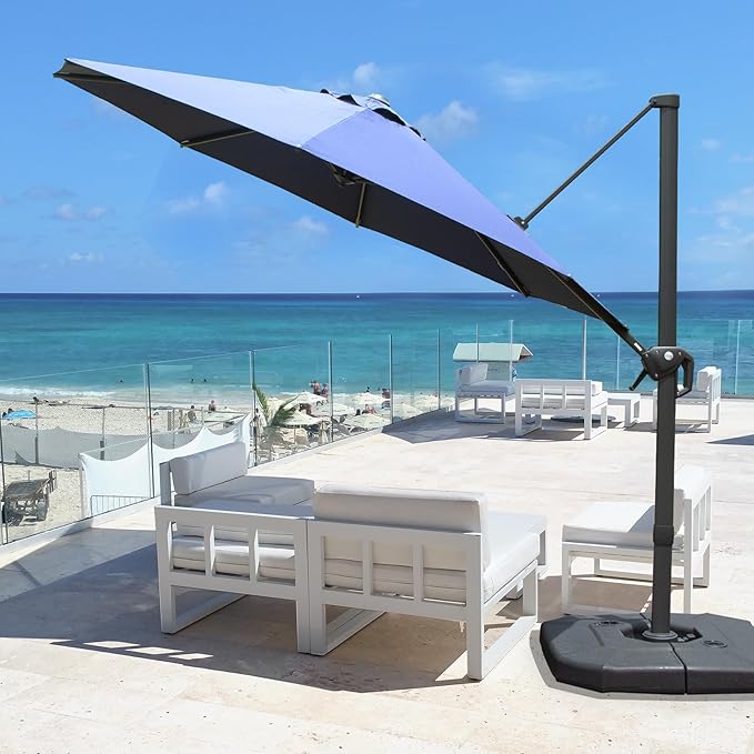 Domi 10FT Cantilever Patio Umbrella, Aluminum Windproof Outdoor Umbrella with 360°Rotation, Round Offset Sun Shade Umbrella for Outside Deck Backyard Garden Pool, Navy Blue