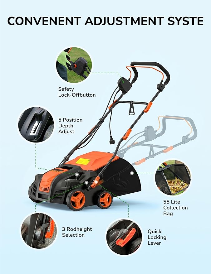 16” Artificial Turf Vacuum,1800w Grass Sweeper 15 Amp Lawn Sweeper Yard Power Brush with 55L Removable Leaf Collection Bag, Quick-Fold, Keeps Clear Sweepy Box, Hesperidium