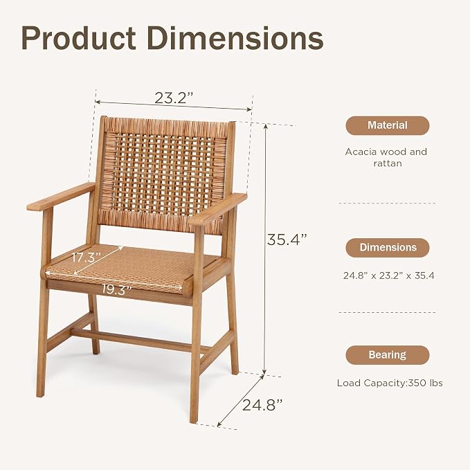 PHI VILLA Patio Dining Chairs, Set of 2, Acacia Wood & Wicker, Brown | All-Weather, Wide Seat, For Deck, Porch, Garden