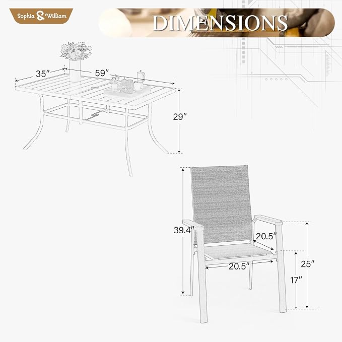 Sophia & William Outdoor Dining Set 7 Pieces, 6 Aluminum Stackable Chair for Space-Saving and 59" x 35" Patio Dining Table, Easy to Move for Outdoor Garden Lawn (Beige)