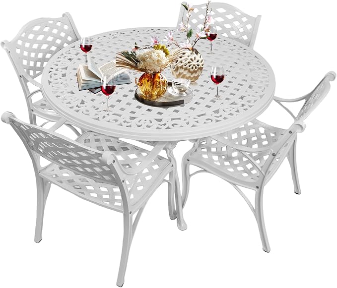 Patio Dinning Set Weather Resistant Cast Aluminum Patio Furniture Set with Umbrella Hole, Bistro Dining Set for Garden (48" x 48" Table B and 4 Chairs White, 5 Pieces)