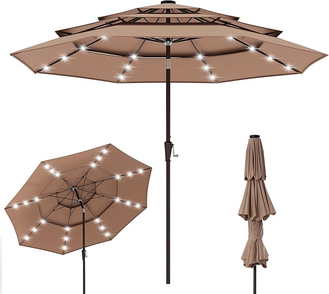 EO Living 10ft Patio Umbrella with Solar LED Lights,3-Tier Wind Resistant Outdoor Market Umbrella with Flexible 8 Ribs & Push Button Tilt, Solar Powered Umbrella for Deck, Poolside, Garden, Beige