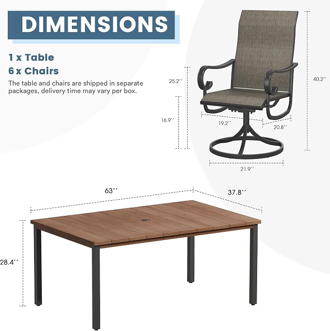 DIFY 7 Pieces Outdoor Patio Dining Set for 6, Swivel Dining Chairs with Brown Textilene and 63" Walnut Rectangle Metal Dining Table, Outdoor Table and Chairs for Lawn Garden Backyard Deck