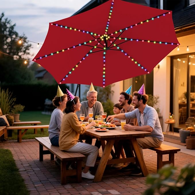 HAPPYGRILL 10 FT Offset Hanging Umbrella with Multi-Colored Flowing LED Lights, 9 Light Modes, Outdoor Patio Cantilever Umbrella with Base, Easy Tilt, 360° Rotation, Crank