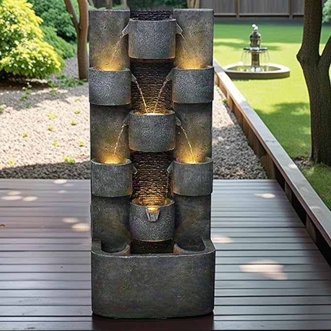 Tankana 45" H Outdoor Water Fountain Garden - Large Cascading Waterfall Freestanding Fountains Water Feature with Lights for Patio Backyard Deck Porch and Home Decor, Concrete Artistry Style, Gray