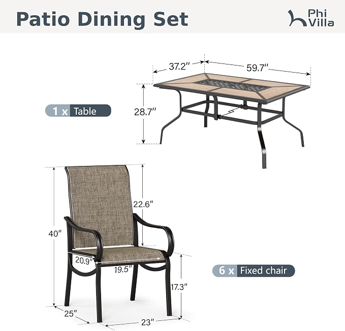 PHI VILLA 7 Piece Outdoor Table and Chairs Set, 6 High Back Fixed Chairs and PVC Wooden-Like Table with Umbrella Holes, All Weather Patio Furniture Set for Deck Garden Yard