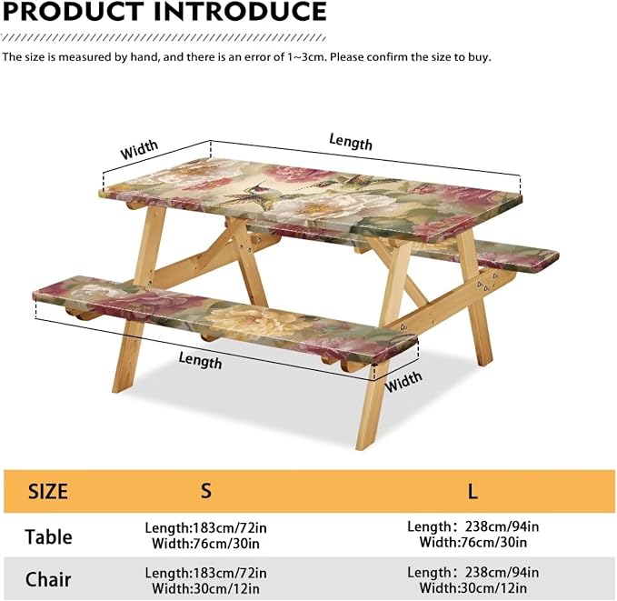 Hummingbird Picnic Table Cover with Bench Covers, Washable Outdoor Camping Essentials Fitted Picnic Table Cover with Bench Covers Suitable for Summer Outdoor Camping