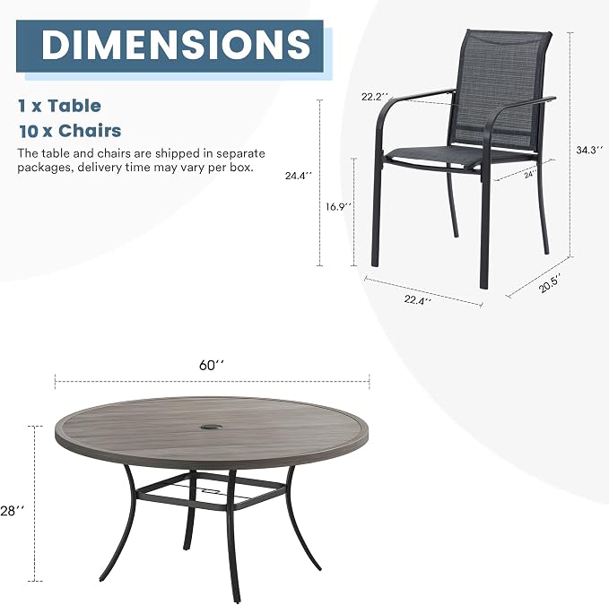 DIFY 11 Pieces Outdoor Patio Dining Set for 10, 60" Grey Wood-Like Round Metal Dining Table and 10 Grey Stackable Textilene Patio Chairs, Outdoor Table and Chairs for Backyard Garden Poolside