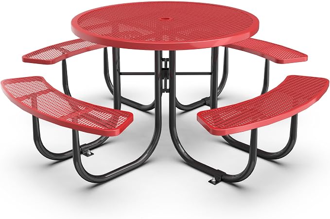 KEIKI 78.7" Heavy-Duty Metal Picnic Table w/2.05" Umbrella Hole, Round Commercial Outdoor Steel Table for 4–8 People, 2.5mm Mesh Top, Rust-Resistant Coating, Patio Backyard Park Dining Furniture, Red