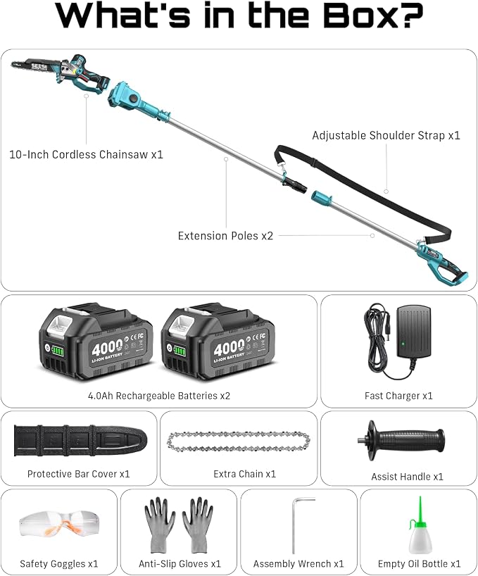 SEESII 10-Inch 2-in-1 Cordless Pole Saw & Mini Chainsaw, 21V Battery Powered Brushless Electric Tree Trimmer with Extension Pole, 2×4000mAh Batteries, Automatic Oiling,Handheld Pruner