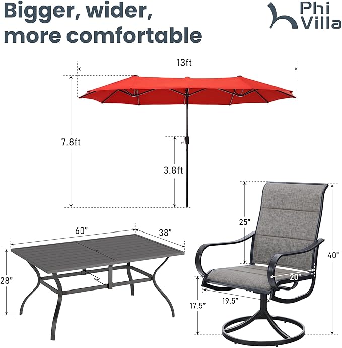 PHI VILLA Swivel Chair Patio Dining Set with 13ft Outdoor Orange Red Umbrella, 6 Padded Textilene Armrest Dining Chair and 1 Large Metal Table, Outdoor Table Chair Dining Set for Patio Lawn Garden