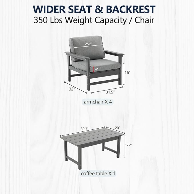 5-Piece Outdoor Patio Furniture Set, HDPE Conversation Set with 4 Ergonomic Armchairs & Large Coffee Table, Waterproof & UV-Resistant Outdoor Chairs with Cushions for Garden, Deck