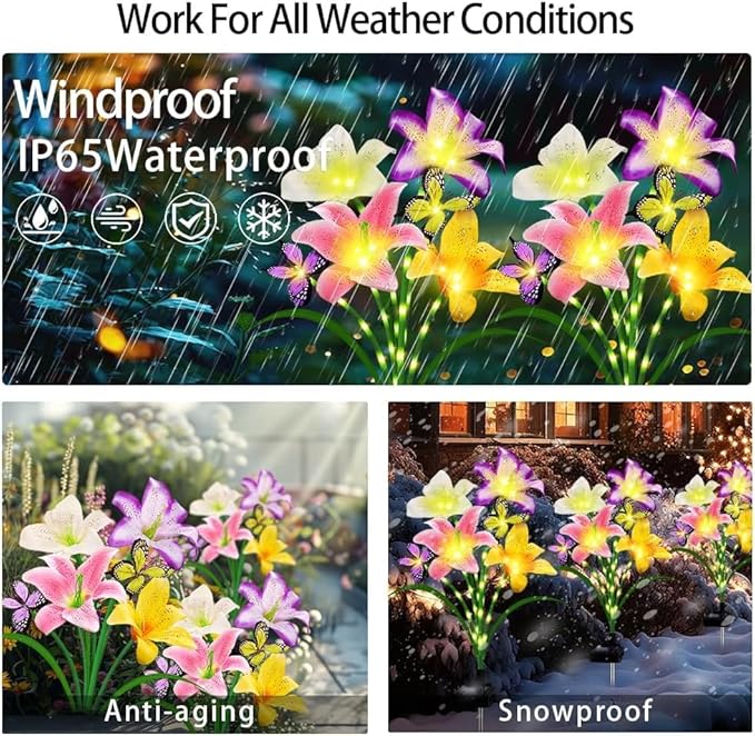 Solar Lights Outdoor, Gift for Women Mom Grandma, 4 Pack with 16 Solar Lily Flower Lights and Butterfly Decor, Solar Flower Lights Waterproof, Outside Decor Stake Light for Landscape Yard Patio Lawn