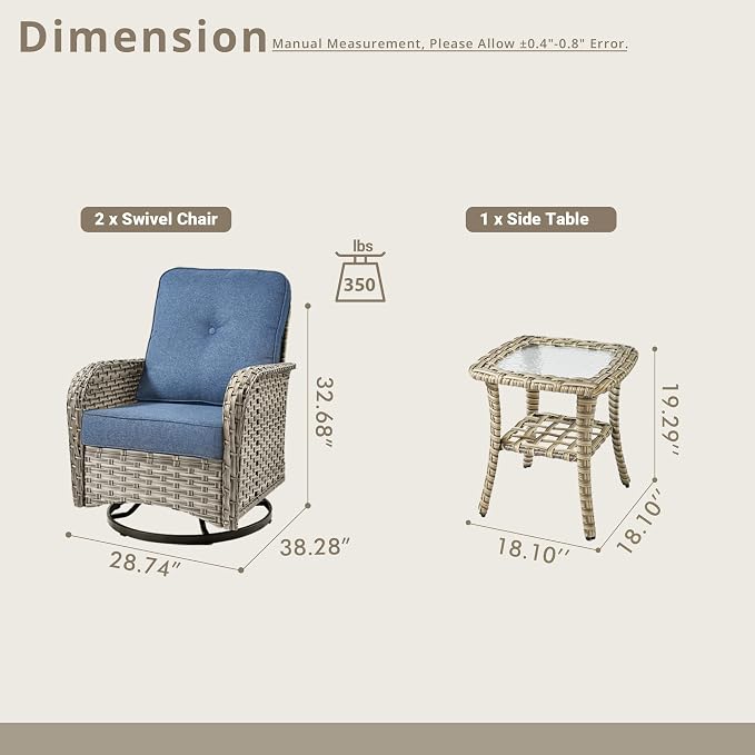 Swivel Patio Chairs Set of 2, Outdoor Wicker Rocker Glider Chair with Coffee Table, Modern Comfy Patio Furniture Sets for Porch Balcony Sunroom, Denim Blue