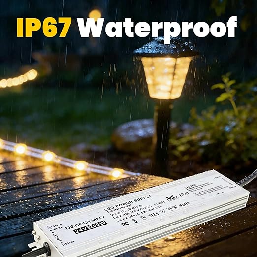 24V DC Power Supply 200W - Ultra Slim LED Driver Low Voltage Transformer with 3-Prong Plug & 3.3ft Cable, IP67 Waterproof for LED Strip Lights, Outdoor Lighting