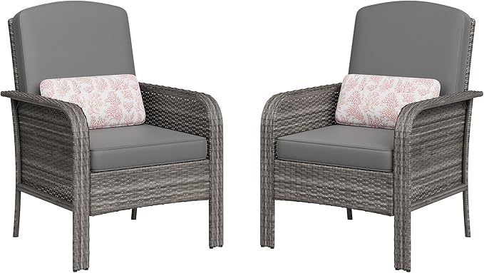GarveeHome 2-Piece Outdoor Patio Furniture Set, All-Weather Rattan Chairs with Thick Cushions, High Back Wicker Lounge Chairs for Porch, Deck, Garden, Poolside & Backyard (Grey Rattan, Grey Cushion)