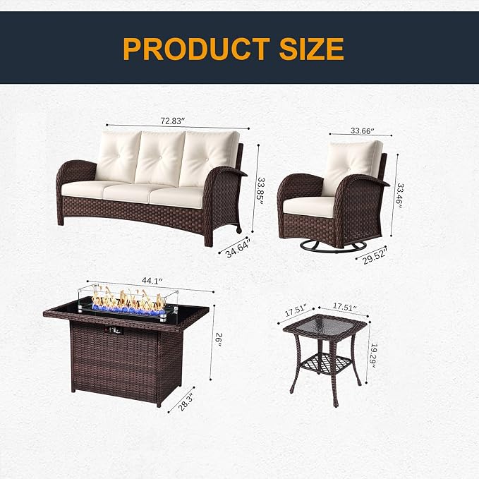 5 Pieces Outdoor Wicker Patio Swivel Rocking Chairs, All Weather Wicker Conversation Set with 44" Fire Pit Table
