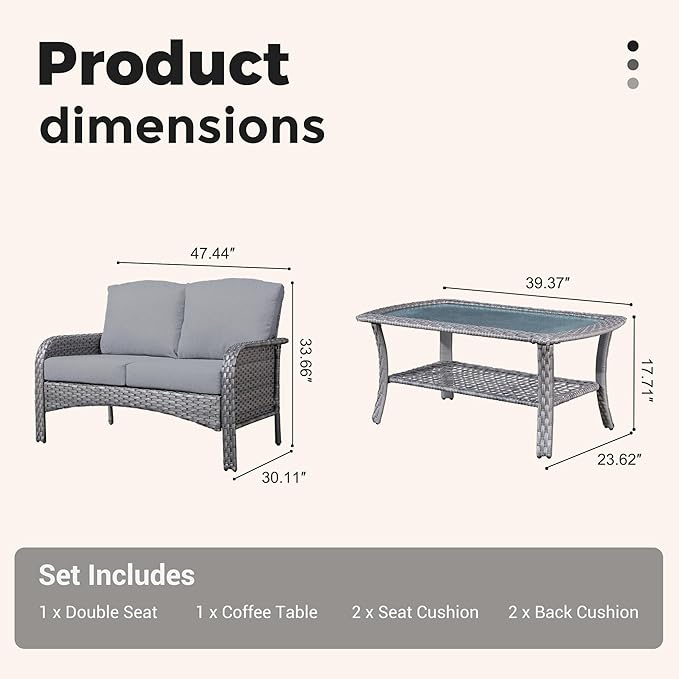 2 Pieces Wicker Patio Furniture Loveseat with Table - Outdoor Rattan Patio Bistro Set of 2,All-Weather PE Wicker Conversation Sofa High Back Deep Seating for Deck Porch Yard,Grey