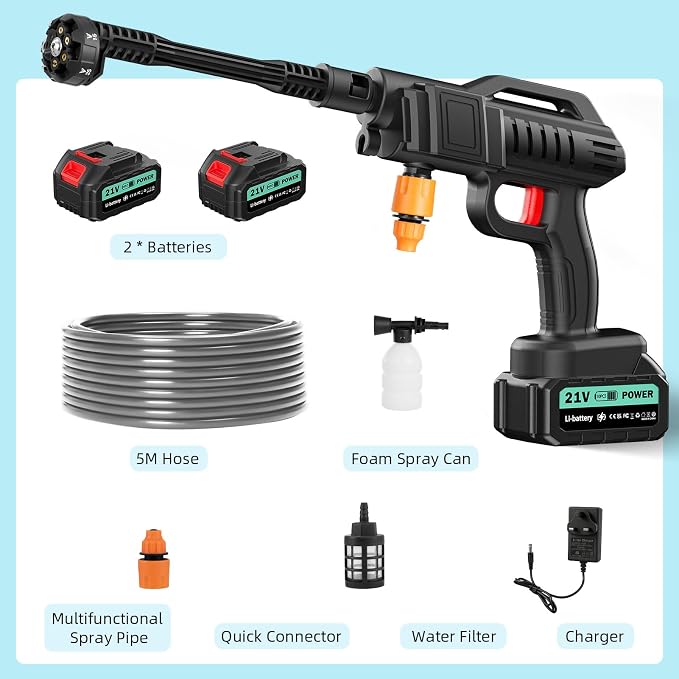Cordless Portable Washer, 1450 PSI Portable Battery Power Washer, Cordless Portable Jet Washer with 6-in-1 Adjustable Nozzle, 2×3.0Ah Batteries, Charger, 5m Hose for Vehicle, Driveway Deck