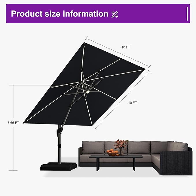 PURPLE LEAF 10 Feet Patio Umbrella with Lights Outdoor Square Cantilever Umbrella Solar Powered LED with 360-degree Rotation for Garden Deck Pool Patio, Grey