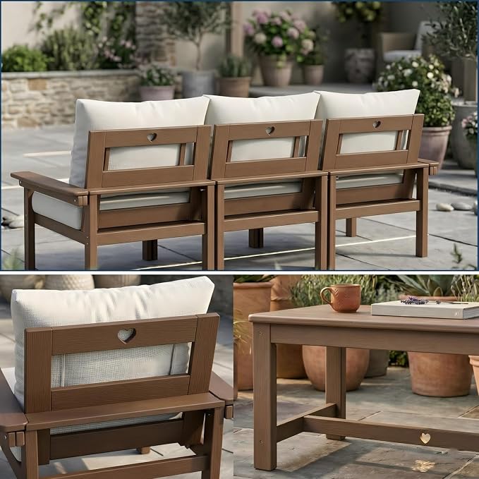 HDPE 7 Piece Patio Furniture Set, All-Weather Outdoor Couch Set with Thick Cushions & Table & Umbrella, Patio Conversation Sets for Lawn, Garden, Porch, Balcony, Deck, Poolside, Teak & Beige