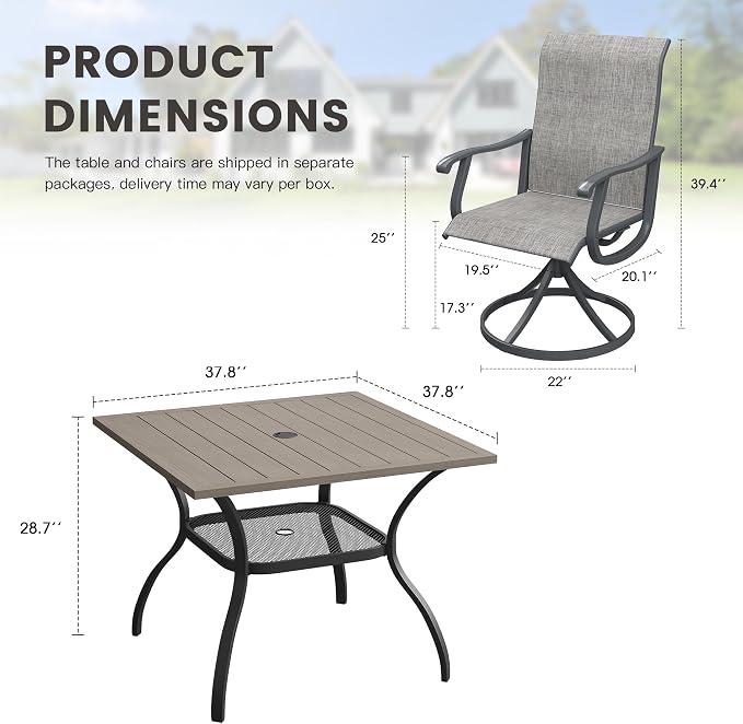 Outdoor Dining Set for 4, 37.8" Metal Outdoor Dining Table with Umbrella Hole and Sling Patio Swivel Chairs, 5 Pieces Patio Table and Chairs Set for Garden Backyard, Grey