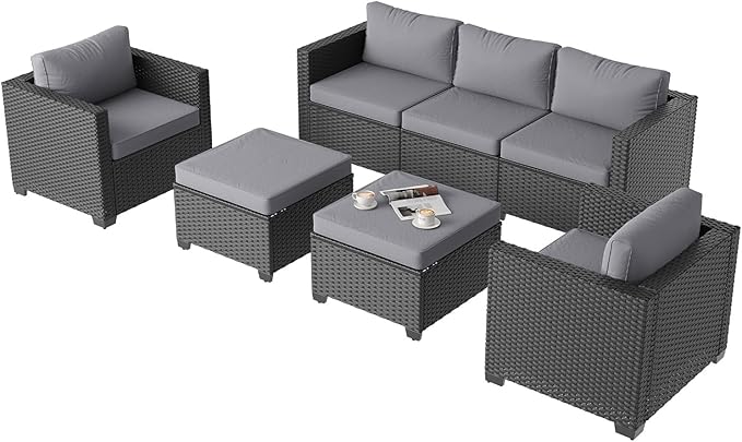 Aoxun Patio Furniture Set, 5 Piece Outdoor Sectional Sofa with Ottomans, Wicker Outdoor Furniture Conversation Sets with Waterproof Cover for Backyard Grey