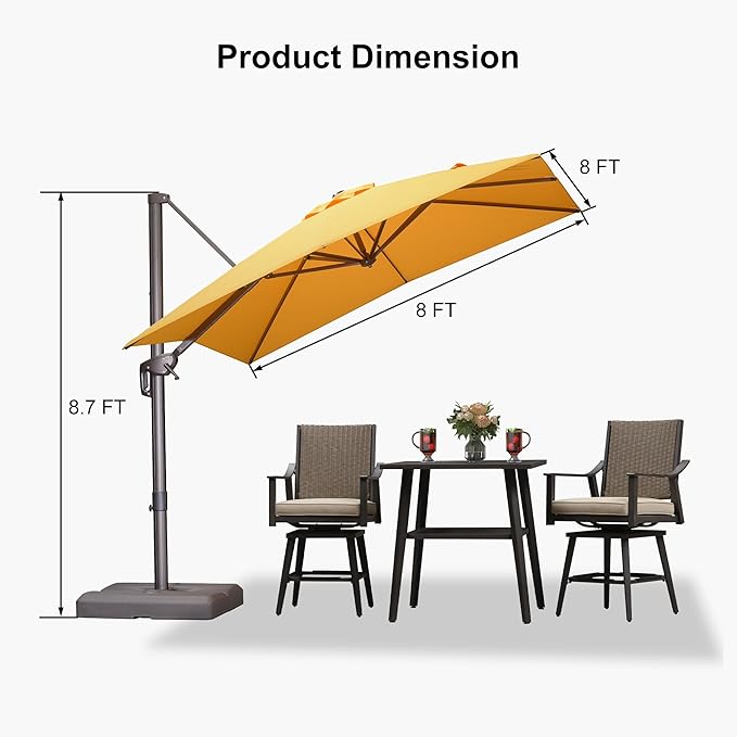 PURPLE LEAF 8' X 8' Cantilever Patio Umbrella with Base Included Antique Bronze Square Umbrella with 360° Rotation and Aluminum Offset Hanging Outdoor Umbrella for Pool Garden Backyard Deck, Yellow