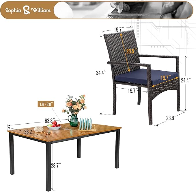 Sophia & William 7 Pieces Patio Dining Set, Metal Patio Table and Wicker Chairs Set for 6, Rectangular Outdoor Table and Chairs