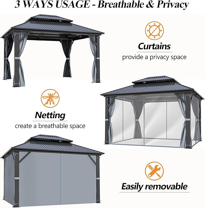 GARTOO 10'x12' Outdoor Hardtop Gazebo with Double Roof - Heavy-Duty Steel Top Aluminum Frame Gazebo with Solar LED Light, Breathable Netting & Privacy Curtain for Patio, Porch, Garden, Backyard