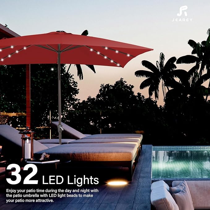JEAREY 8x10 ft Rectangular LED Lighted Patio Umbrellas Outdoor Solar Table Market Umbrella w/Crank, 8 Sturdy Ribs, UV Protection Waterproof Sunproof(Red)