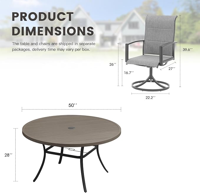 Outdoor Dining Set for 6, 50" Outdoor Dining Table with Umbrella Hole and Padded Textilene Patio Swivel Chairs, 7 Pieces Patio Table and Chairs Set for Garden Backyard, Grey