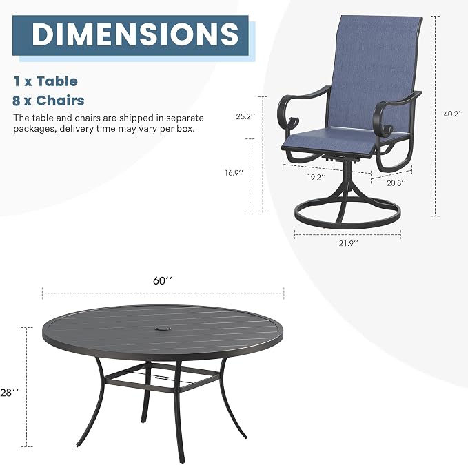 DIFY 9 Pieces Outdoor Dining Set for 8, Outdoor Furniture Set of 8 Blue Textilene Swivel Patio Chairs, 60" Black Round Metal Dining Table with Umbrella Hole, for Garden Deck Backyard