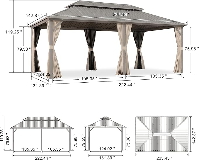 PURPLE LEAF 12' x 20' Outdoor Hardtop Gazebo, Champagne Aluminum Gazebo with Galvanized Steel Double Roof, Curtains and Netting for Patio Lawn and Garden