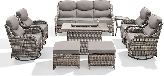 Luxury Patio Furniture Set with 6-inch Thick Cushion, Outdoor Furniture with Fire Pit Table, Swivel Chairs, Sofa, Side Table, Ottomans, 9pcs Wicker Conversation Set Grey Wicker | Grey Cushions