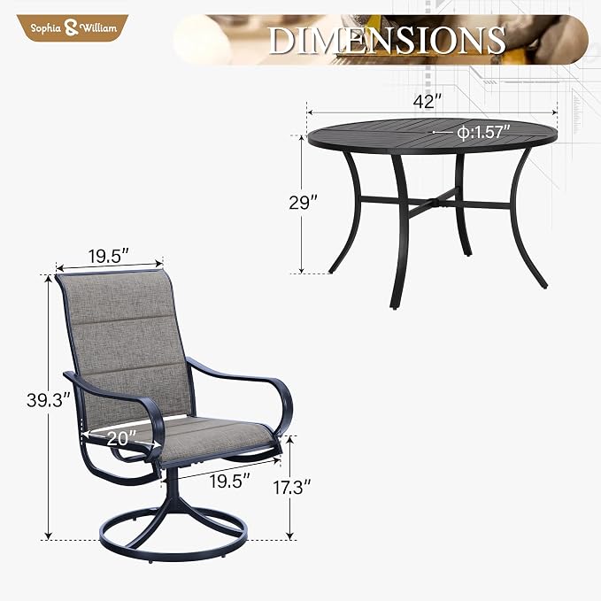 Sophia & William Patio Dining Set for 4, Round Table & Swivel Chairs, Brown | High-back & Padded, Umbrella Hole, Durable Material, Ergonomic design, Weather-resistant, Outdoor backyard deck, 5 Piece