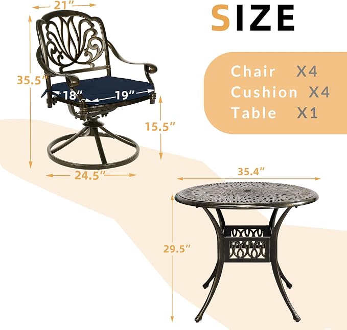 5 Piece Patio Dining Set, Outdoor Table and Chairs Set for 4 Cushioned Swivel Rocking Chairs and 35.4'' Round Table, All-Weather Cast Aluminum Patio Funiture Set, 2'' Umbrella Hole, Navy