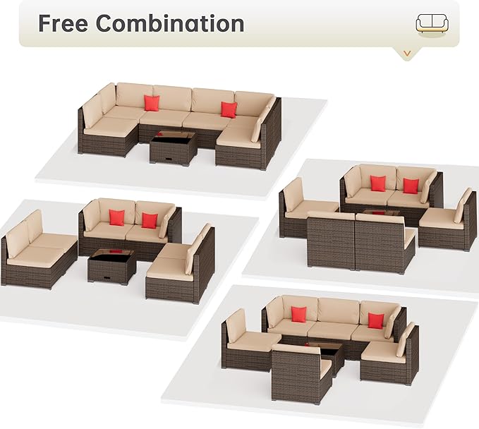 LHBcraft 7 Piece Patio Outdoor Furniture Set, Outdoor Sectional, All-Weather Manual Weaving PE Rattan Wicker Patio Sectional Sofa, Rattan Outside Furniture with Beige Cushion and Glass Table