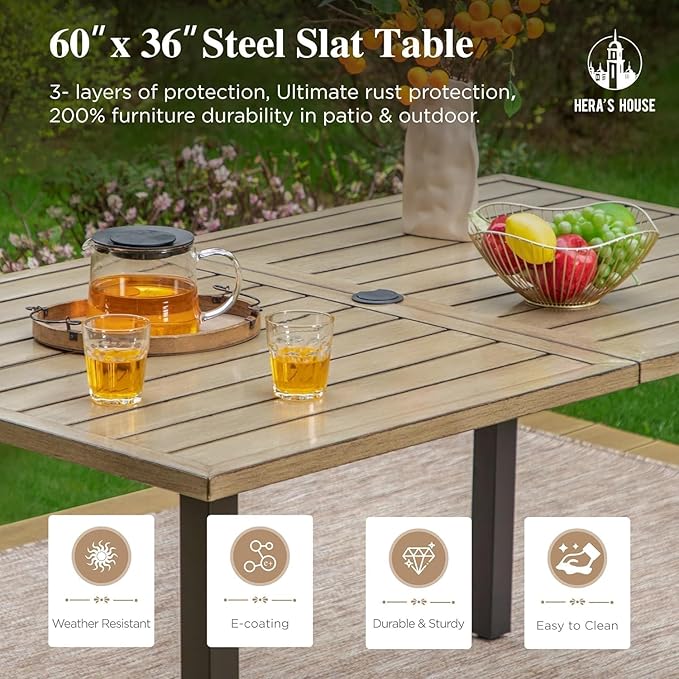 HERA'S HOUSE 7pc Patio Dining Set, Outdoor Wood-Like Metal Table & 6 Chairs | Blue textilene chairs + 60" rectangle table with umbrella hole. Waterproof, rust-resistant, all-weather for deck, garden