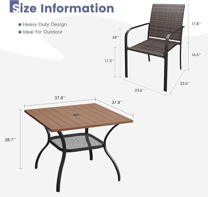 VICLLAX 5 Pieces Patio Dining Set, 4 Stakable Wicker Outdoor Chairs and Patio Square Metal Table with Umbrella Hole for Backyard Lawn Deck, Walnut Tabletop