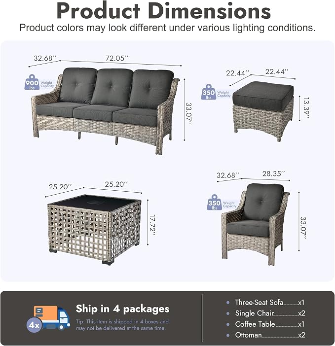 6 PCS Patio Furniture Set, Deep Seat High Back Outdoor Conversation Set with Ottomans, Wicker Outside Furniture with Solar Light Coffee Table for Porch Backyard Balcony, Sunroom, Black