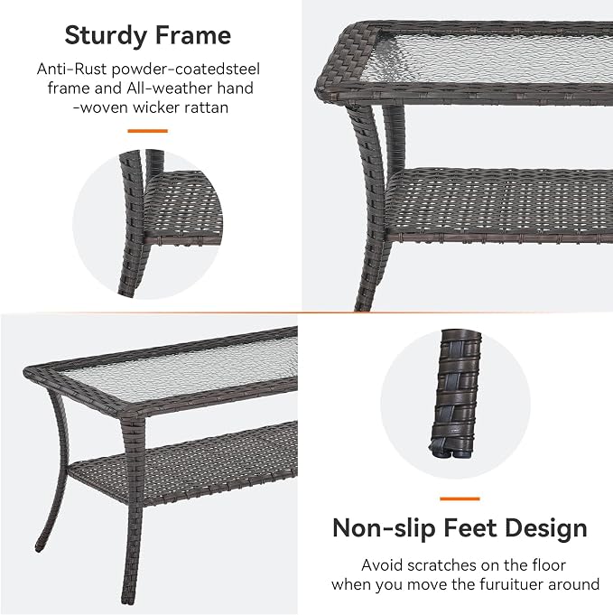 Outdoor Coffee Table - Patio Rattan Wicker Coffee Table with Tempered Glass Top and 2-Tier Storage Outdoor Table for Deck Porch Balcony Garden - Brown