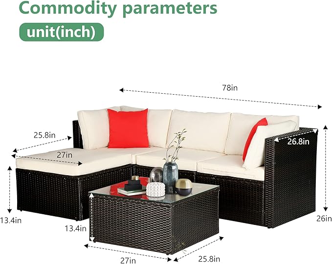 PayLessHere 5 Pieces Patio Furniture Outdoor Wicker Sectional Patio Rattan Chair Conversation Backyard Lawn Porch Poolside Balcony Garden Sofa Set with Glass Coffee Table, Brown