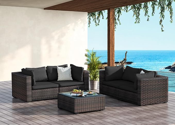 Patio Furniture Set 5 Piece All Weather PE Rattan Outdoor Sectional Sofa Couch with 4 x arm Sofa, No-Slip Cushions and Glass Top Table for Garden, Poolside, Backyard (Black)