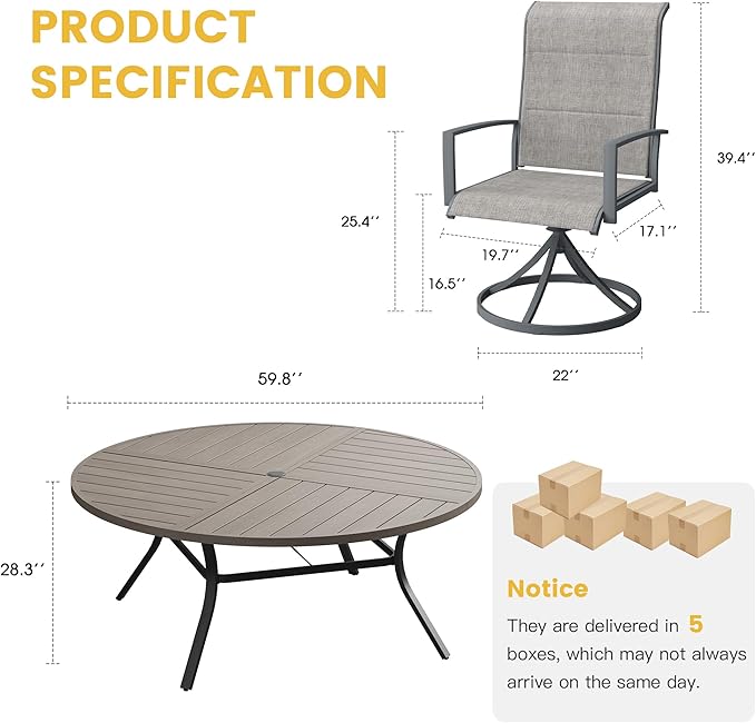 VICLLAX Patio Dining Set for 8, 8 Seats Outdoor Furniture Includes 59.9" Round Patio Table and Swivel Padded Chairs, Grey Wood Grain Tabletop and Grey Fabric